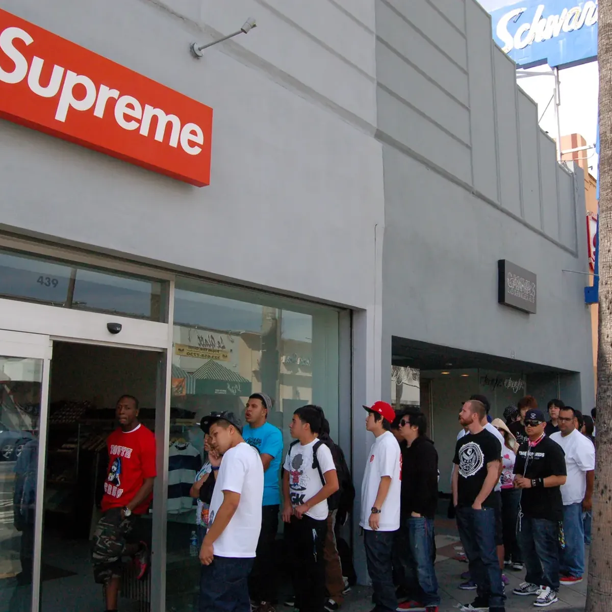 The queue outside the Supreme store in Los Angeles on the day of the Kermit drop.