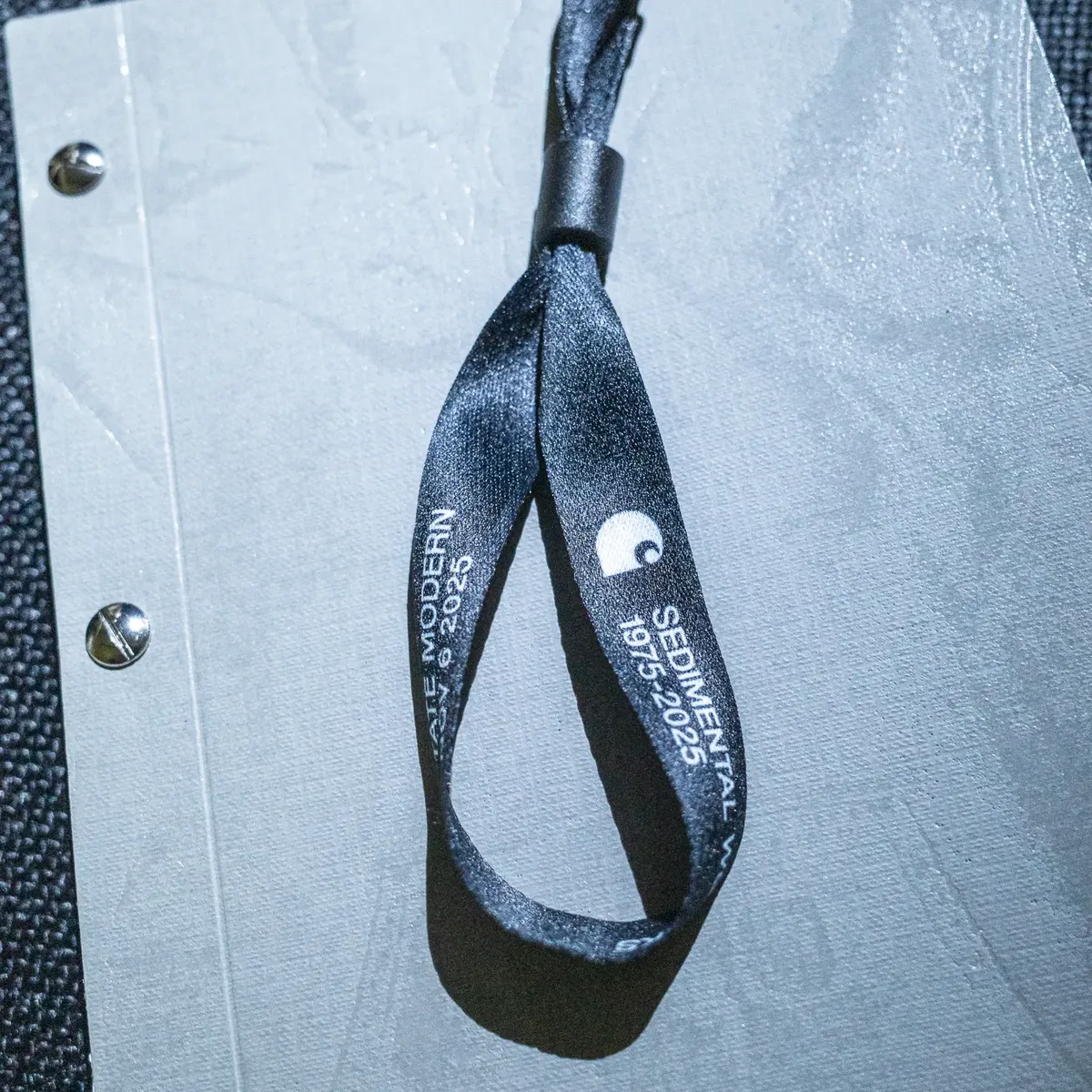 A Sedimental Works wristband on the cover of the book.
